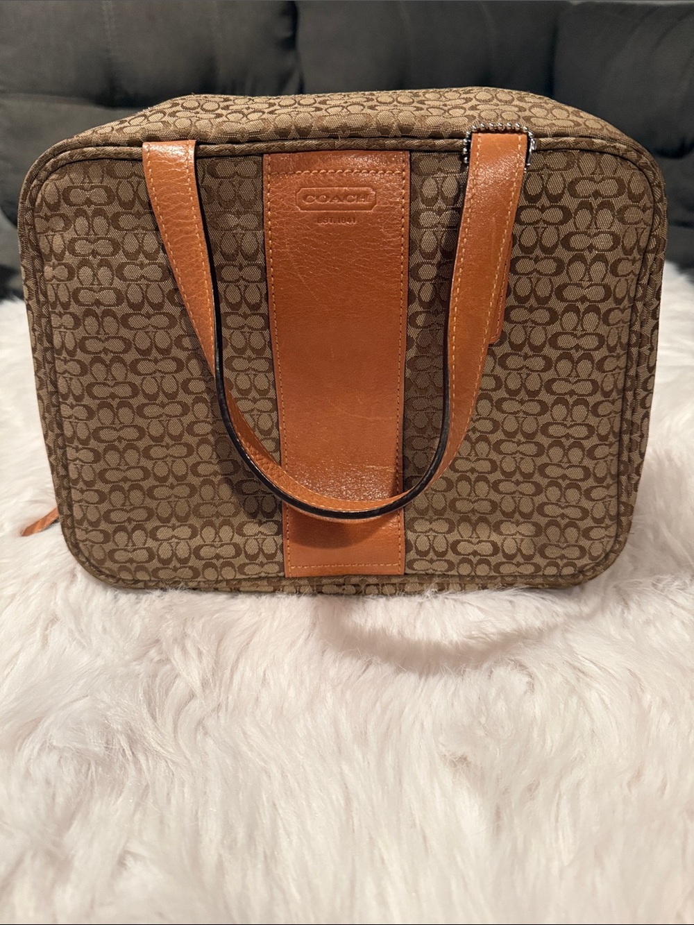 Coach Brown Signature Canvas Cosmetic Case with Tan Leather Accents
